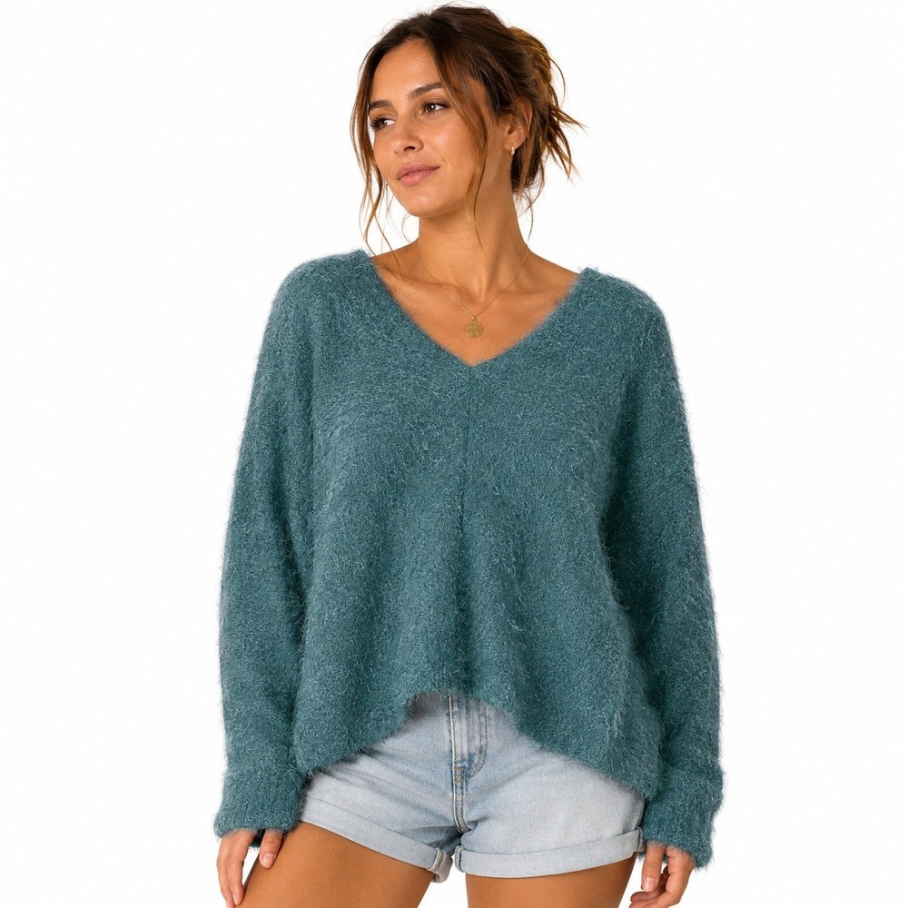 Jolie Batwing V-Neck Eyelash Knit Sweater Teal Blue Boho Fuzzy Soft Size M